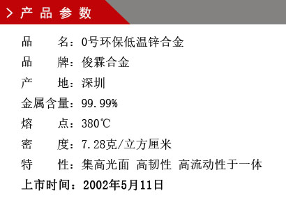 品 名：0號環保低溫鋅合金 品 牌：俊霖合金 產 地：深圳 金屬含量：99.99% 熔 點：380℃ 密 度：7.28克/立方厘米特 性：集高光面 高韌性 高流動性于一體 上市時間：2002年5月11日