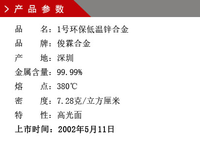 品 名：1號環保低溫鋅合金 品 牌：俊霖合金 產 地：深圳 金屬含量：99.99% 熔 點：380℃ 密 度：7.28克/立方厘米特 性：高光面 上市時間：2002年5月11日