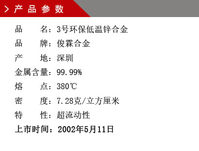 品 名：3號環保低溫鋅合金 品 牌：俊霖合金 產 地：深圳 金屬含量：99.99% 熔 點：380℃ 密 度：7.28克/立方厘米特 性：超流動性 上市時間：2002年5月11日