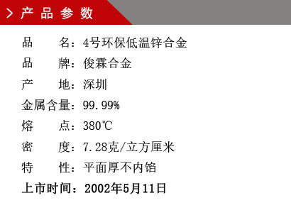 品 名：4號環保低溫鋅合金 品 牌：俊霖合金 產 地：深圳 金屬含量：99.99% 熔 點：380℃ 密 度：7.28克/立方厘米特 性：平面厚不內餡 上市時間：2002年5月11日