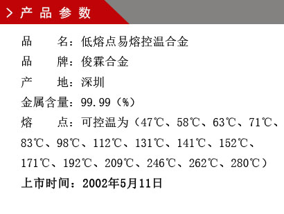 品 名：低熔點易熔控溫合金 品 牌：俊霖合金 產 地：深圳 金 屬含量：99.99（%） 粒 度：標準（目） 熔 點：可控溫為（47℃、58℃、63℃、71℃、83℃、98℃、112℃、131℃、141℃、152℃、171℃、192℃、209℃、246℃、262℃、280℃） 上市時間：2002年5月6日
