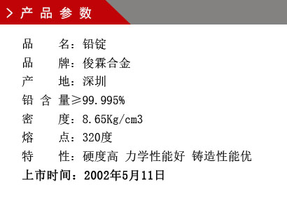 品 名：鉛錠 品 牌：俊霖合金 產(chǎn) 地：深圳 鉛 含 量≥99.995% 密 度：8.65Kg/cm3 熔 點：320度特 性：硬度高 力學性能好 鑄造性能優(yōu)上市時間：2002年5月11日
