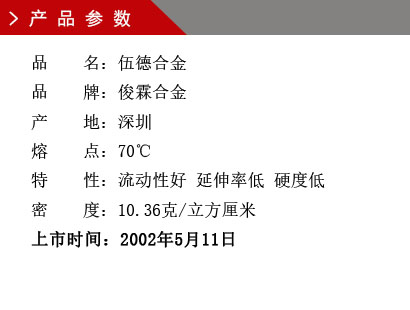 品 名：伍德合金 品 牌：俊霖合金 產 地：深圳 熔 點：70℃特 性：流動性好 延伸率低 硬度低 密 度：10.36克/立方厘米 上市時間：2002年5月11日