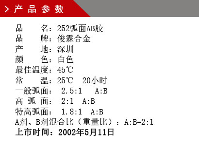 品 名：252弧面AB膠 品 牌：俊霖合金 產 地：深圳 顏 色：白色 最佳溫度：45℃ 常 溫：25℃ 20小時 一般弧面： 2.5:1 A:B 高 弧 面： 2:1 A:B 特高弧面： 1.8:1 A:B A劑、B劑混合比（重量比）：A:B=2:1上市時間：2002年5月11日