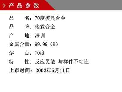 品 名：低溫熔模鑄造合金 品 牌：俊霖合金 產 地：深圳 金屬含量：99%特 性：脹縮率小 不粘連 無毒性 熔 點：55℃ 成 分：鉛、鉍加之其他輔助金屬 上市時間：2002年5月11日